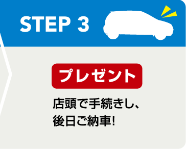 STEP3 プレゼント：店頭で手続きし、後日ご納車！