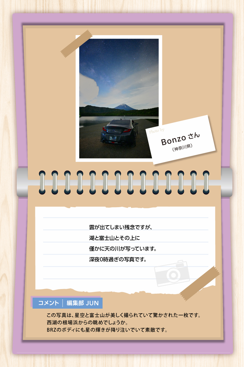 カートピア 富士山の上にかかる天の川が見える湖のほとりに停車するSUBARU BRZ | SUBARU